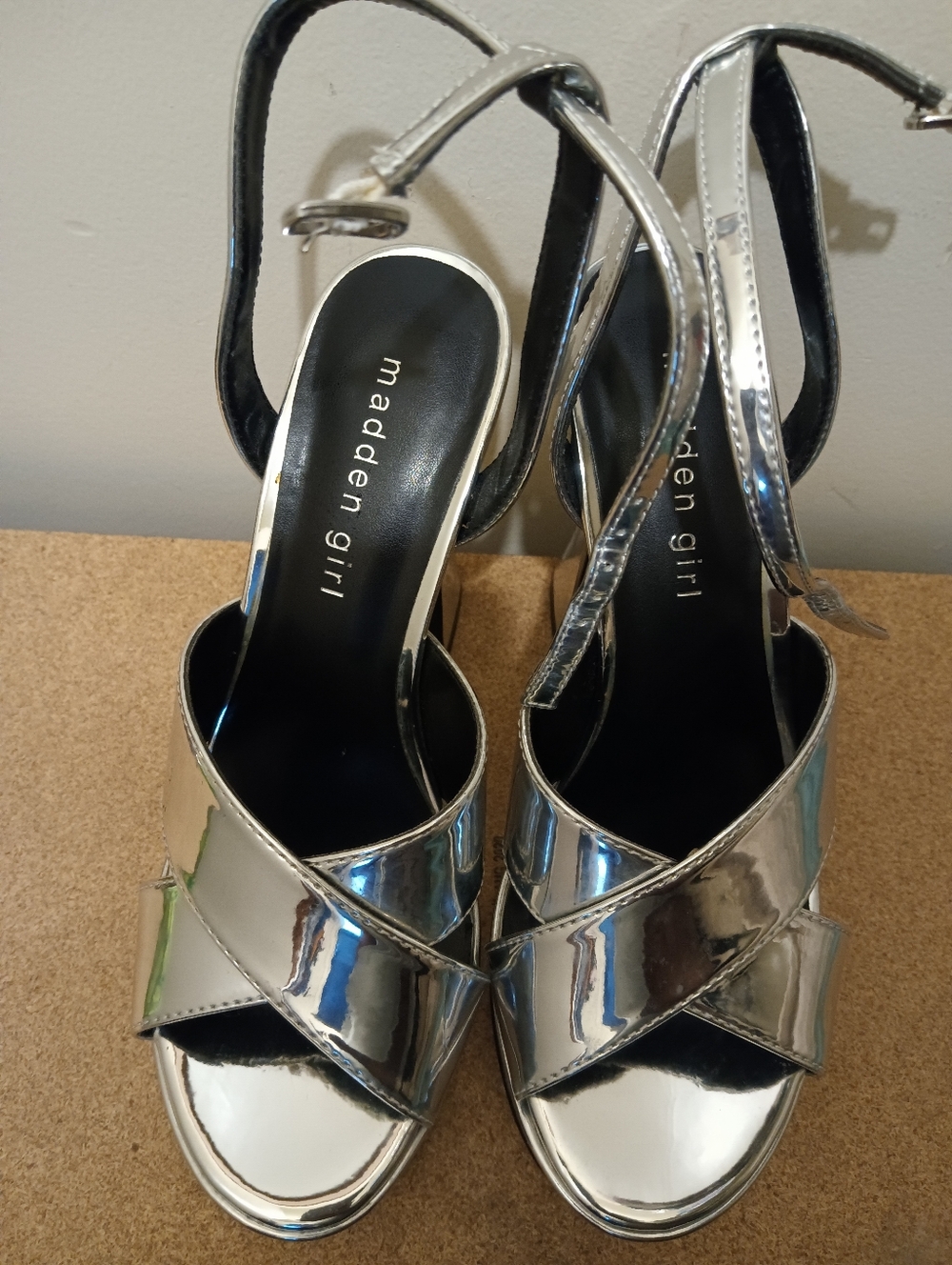 Madden Girl Silver Metallic Crisscross Block Heel Sandals
